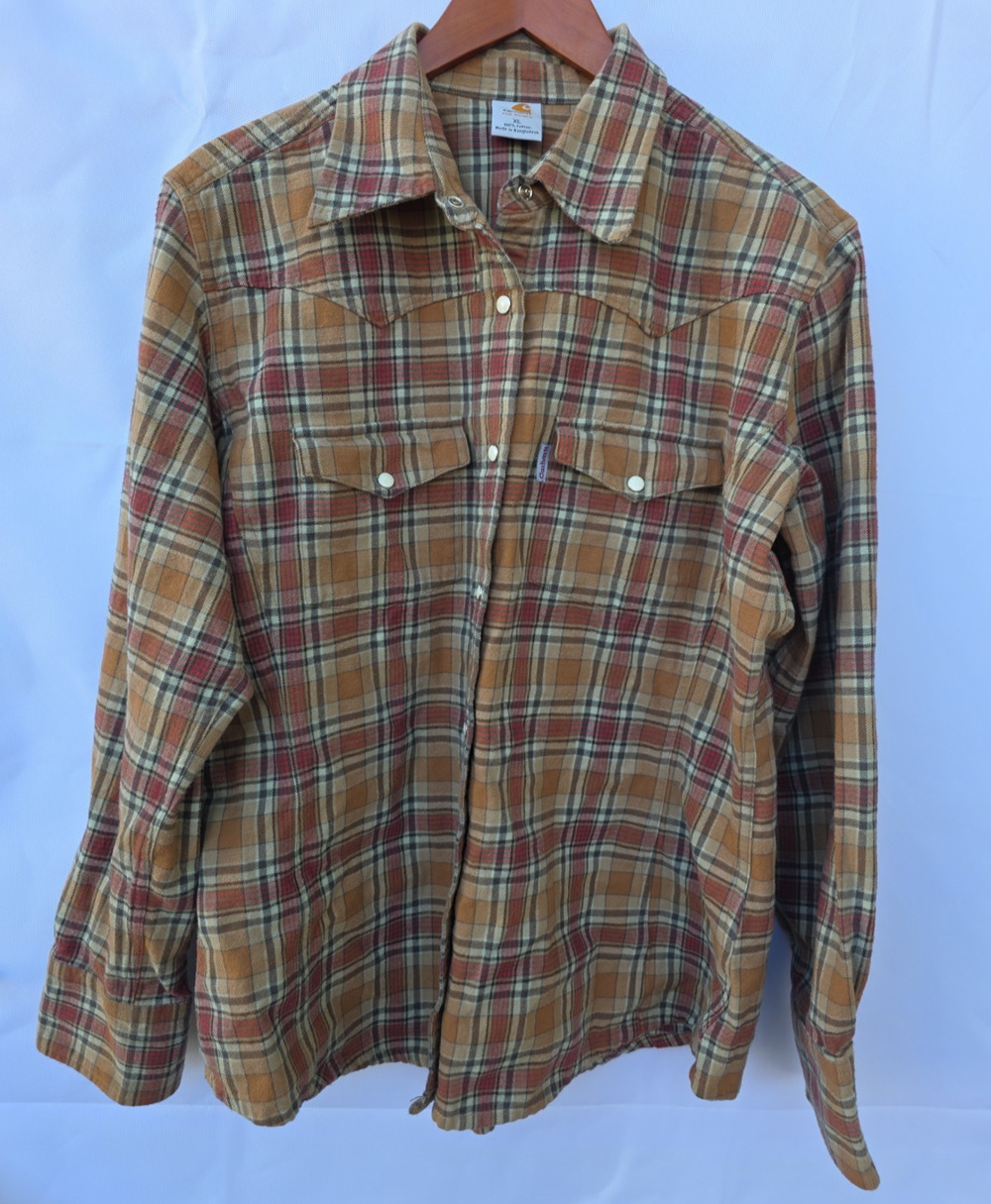 Carhartt For Women WS003 Brown Plaid Western Pearl Snap Shirt XL 2007 Cotton
